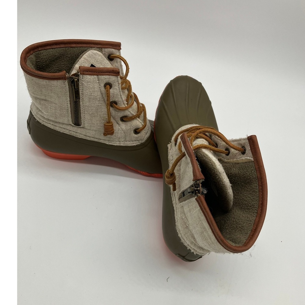 Sperry Saltwater Duck Boots Womens Size 9 Olive Green Linen Ankle Rain Boots